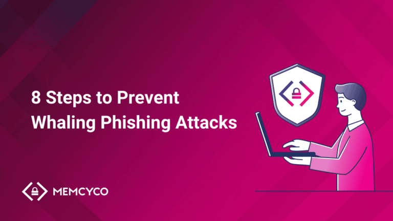 A digital illustration shows a person using a laptop next to a shield icon, highlighting "8 Steps to Prevent Whaling Phishing Attacks" on a pink background and emphasizing the importance of whaling phishing protection.