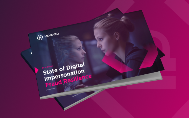 A report titled “State of Digital Impersonation: Fraud Resilience” features a woman looking at her reflection, set against a striking purple and black background.