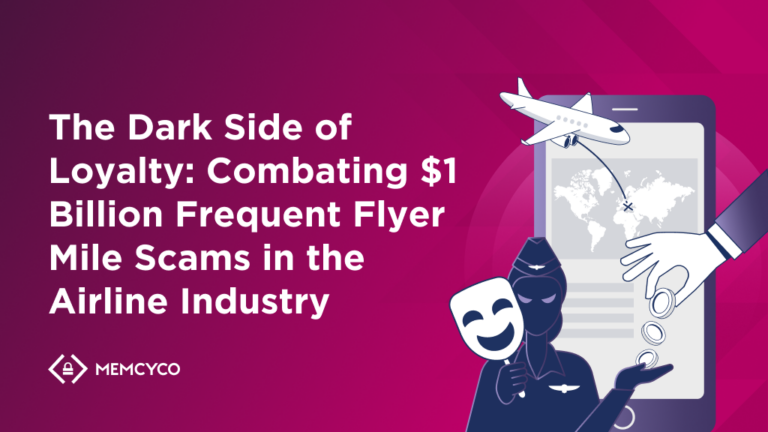 A graphic illustrating “The Dark Side of Loyalty: Combating $1 Billion Frequent Flyer Mile Scams in the Airline Industry,” featuring a phone, airplane, map, and thief and mask icons on a pink gradient background.