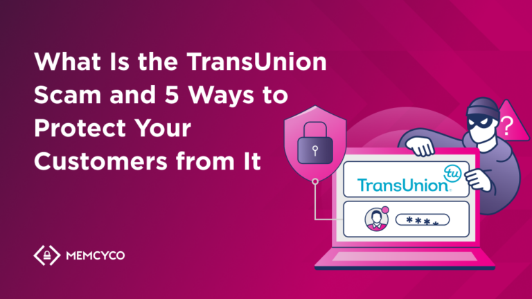 Illustration of a masked figure at a laptop displaying "TransUnion," with a lock icon and text highlighting the transunion scam and ways customers can protect themselves.