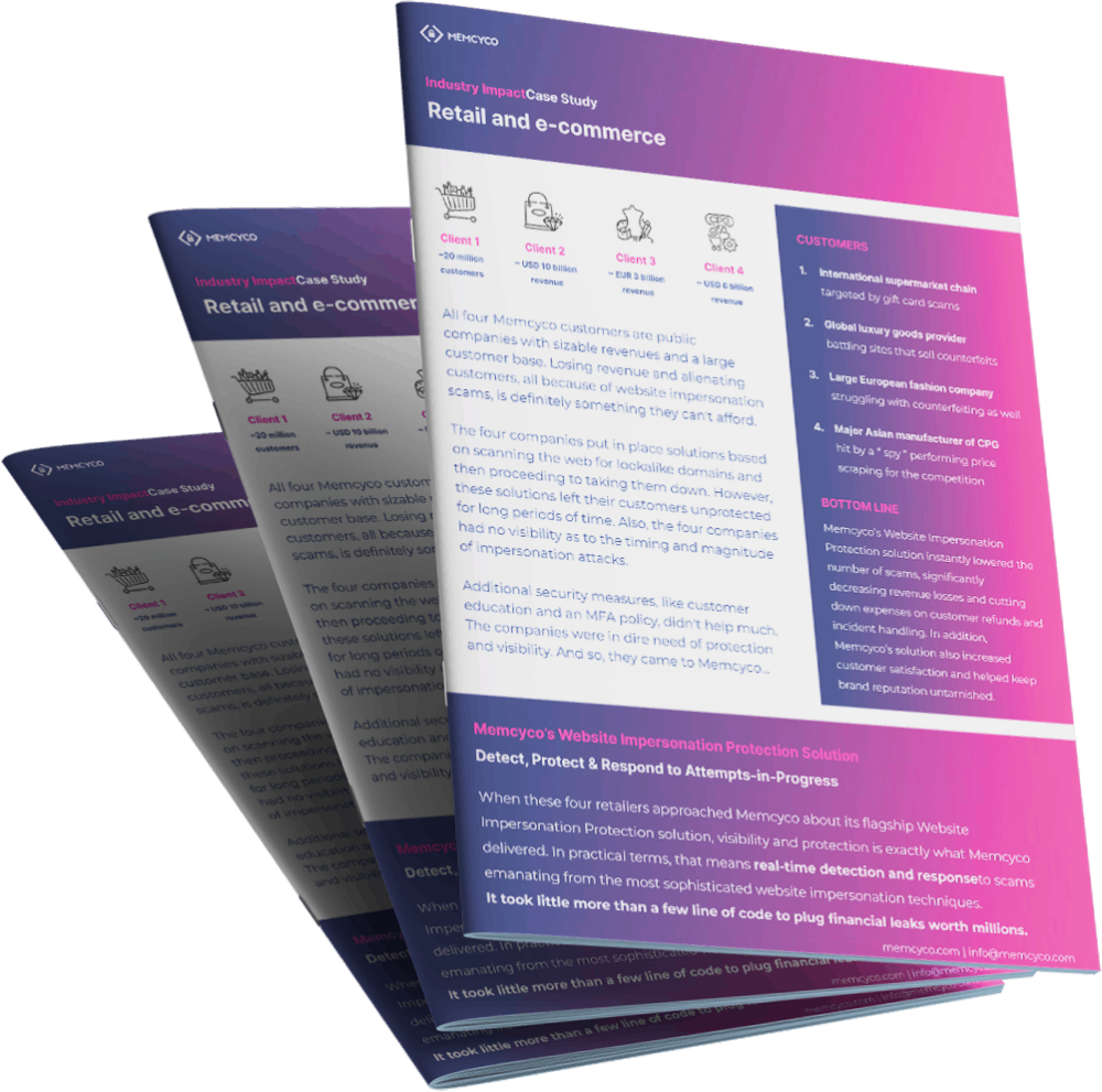 Three overlapping informational sheets with a pink and purple gradient, detailing a case study on retail and e-commerce website protection by Memcyco for Digital Business teams.