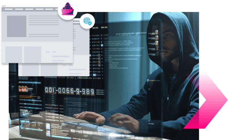 A person in a hoodie uses a computer with digital code and data graphics overlaid, representing cybersecurity efforts to stop more ATOs or hacking activities.